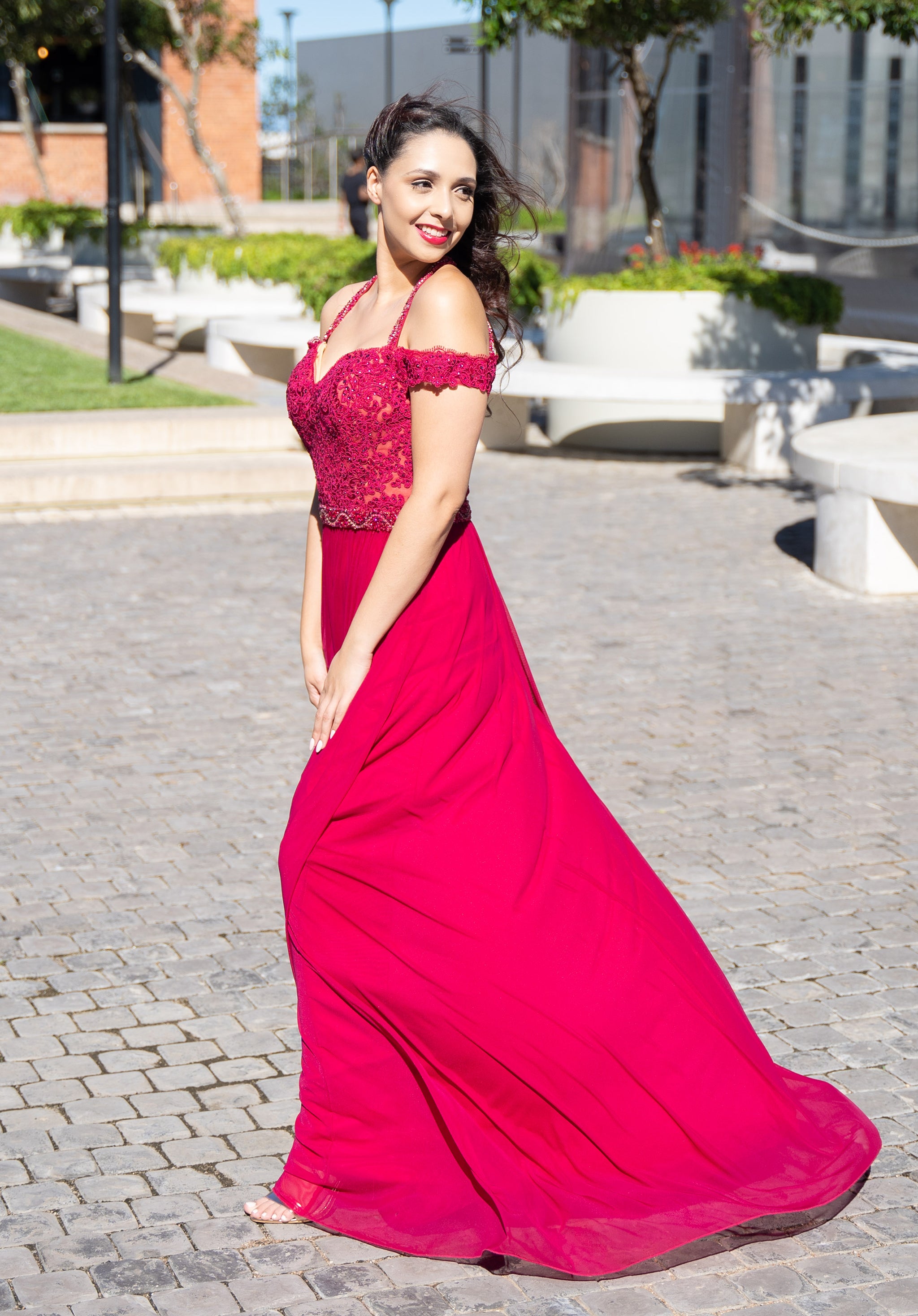 Magenta Cold Shoulder Lace Bodice Formal Dress Amanda Ferri